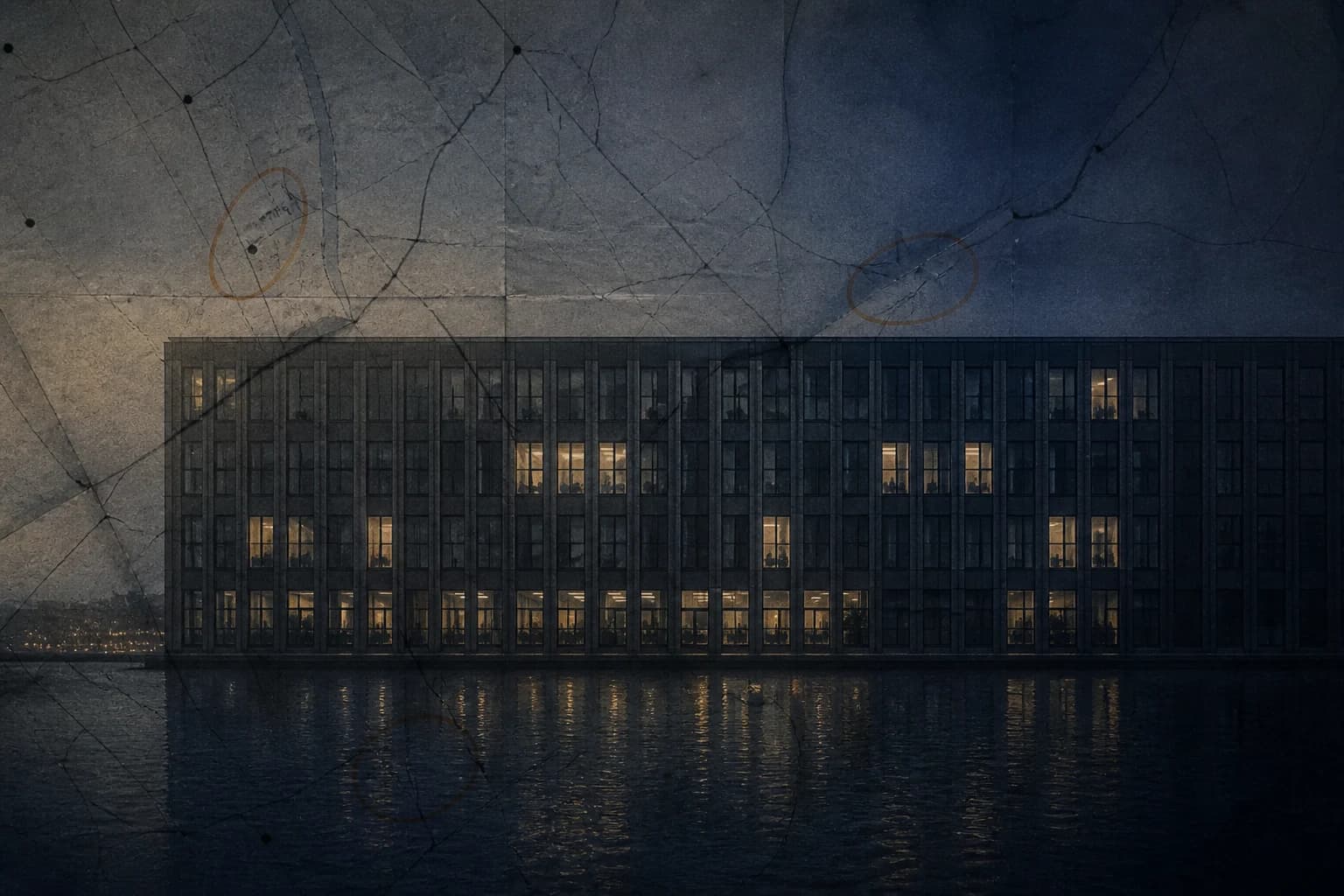 A dark Manhattan office building layered with a physical account map and amber markings.