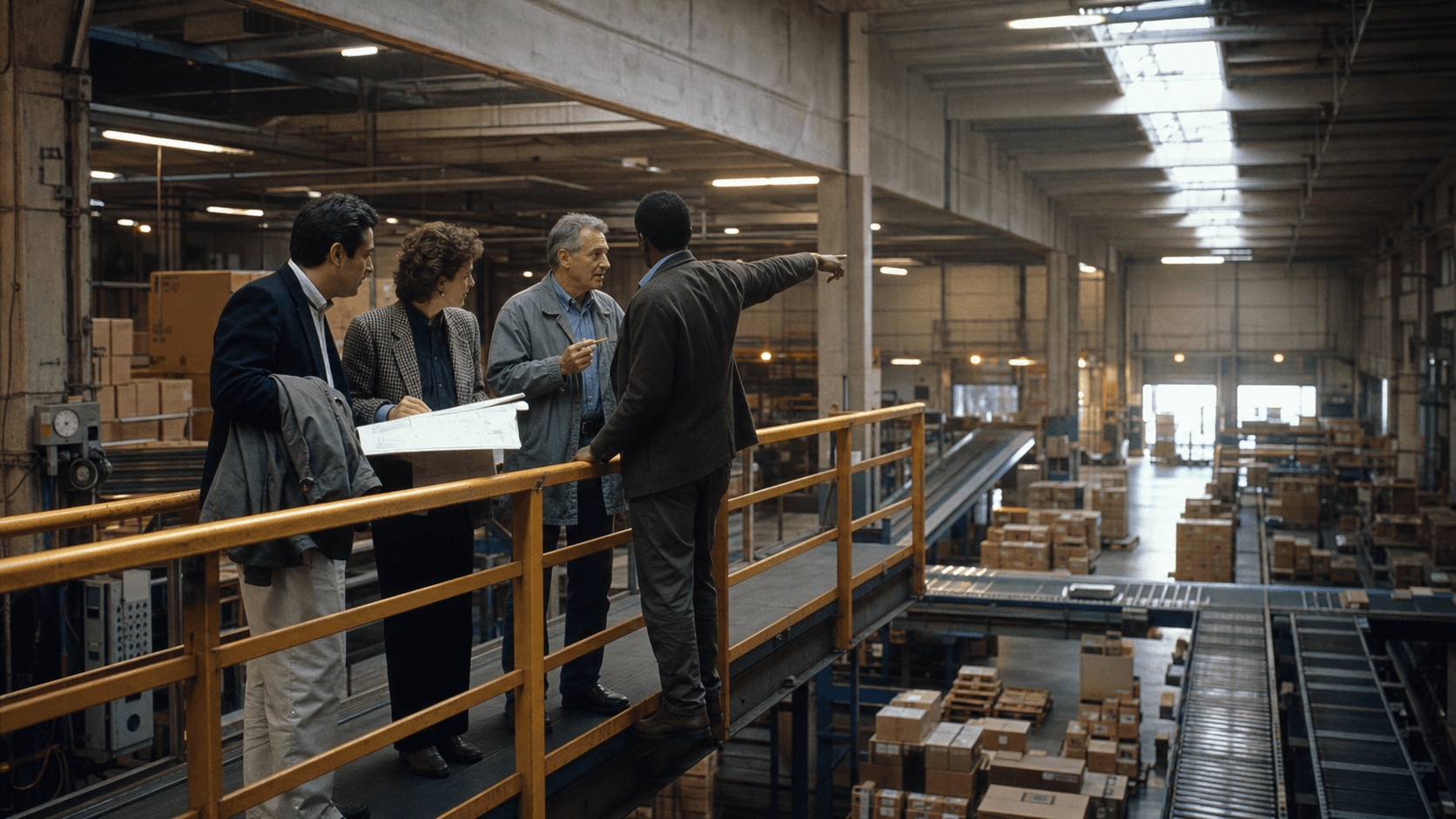 Four professionals study customer operations together from an elevated industrial catwalk.