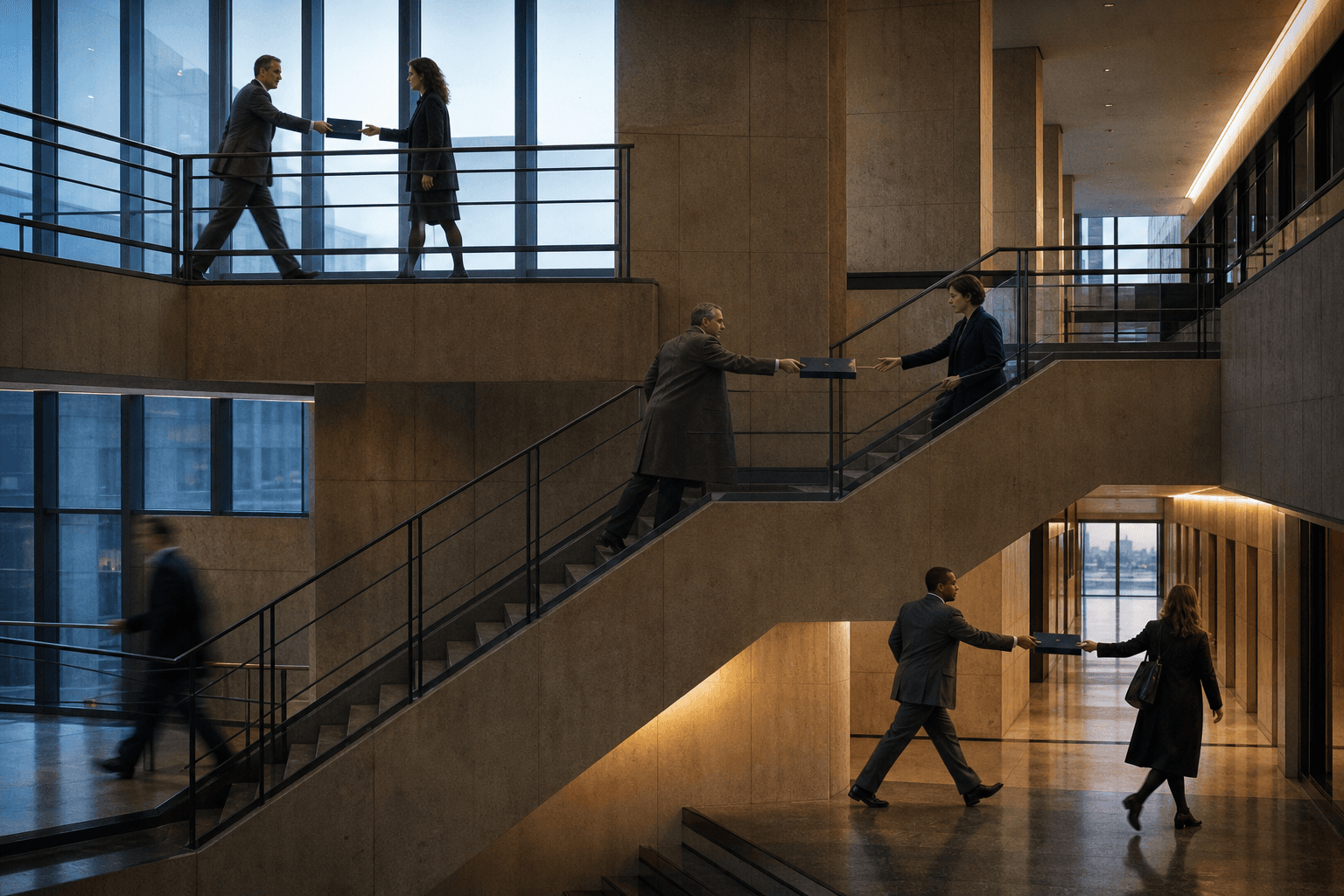 Professionals pass one dark portfolio between colleagues across three levels of a modernist office.