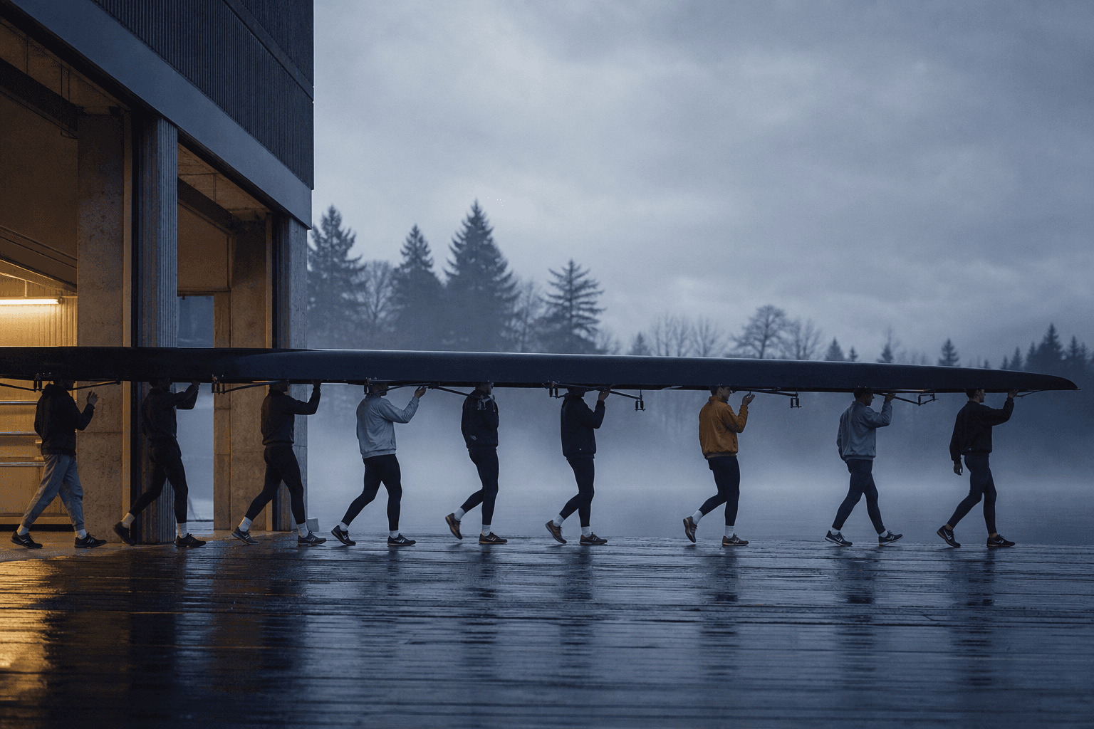Eight rowers carry one racing shell through a modernist boathouse before dawn.