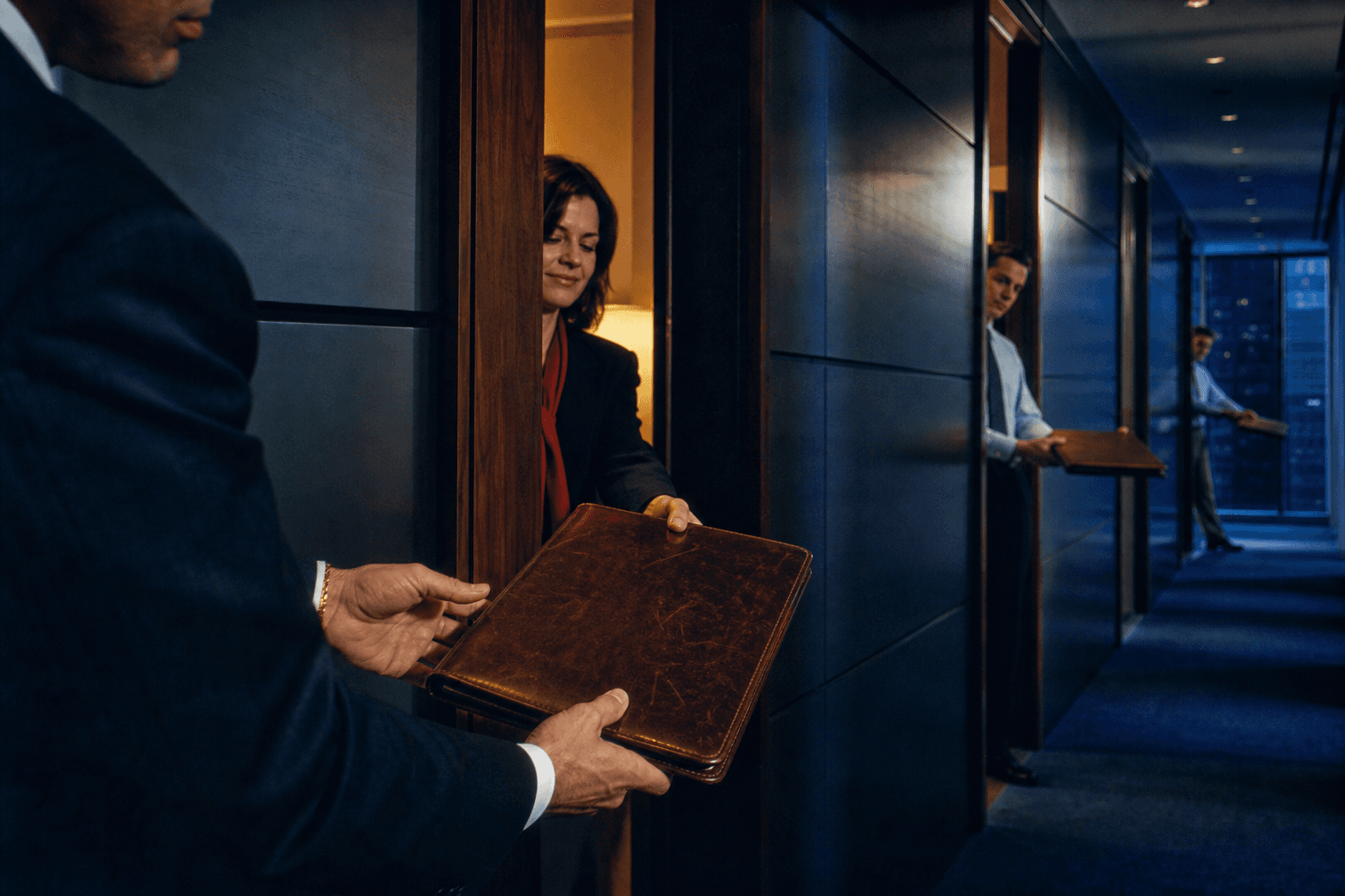 A leather account folio passes between colleagues through successive office doorways.