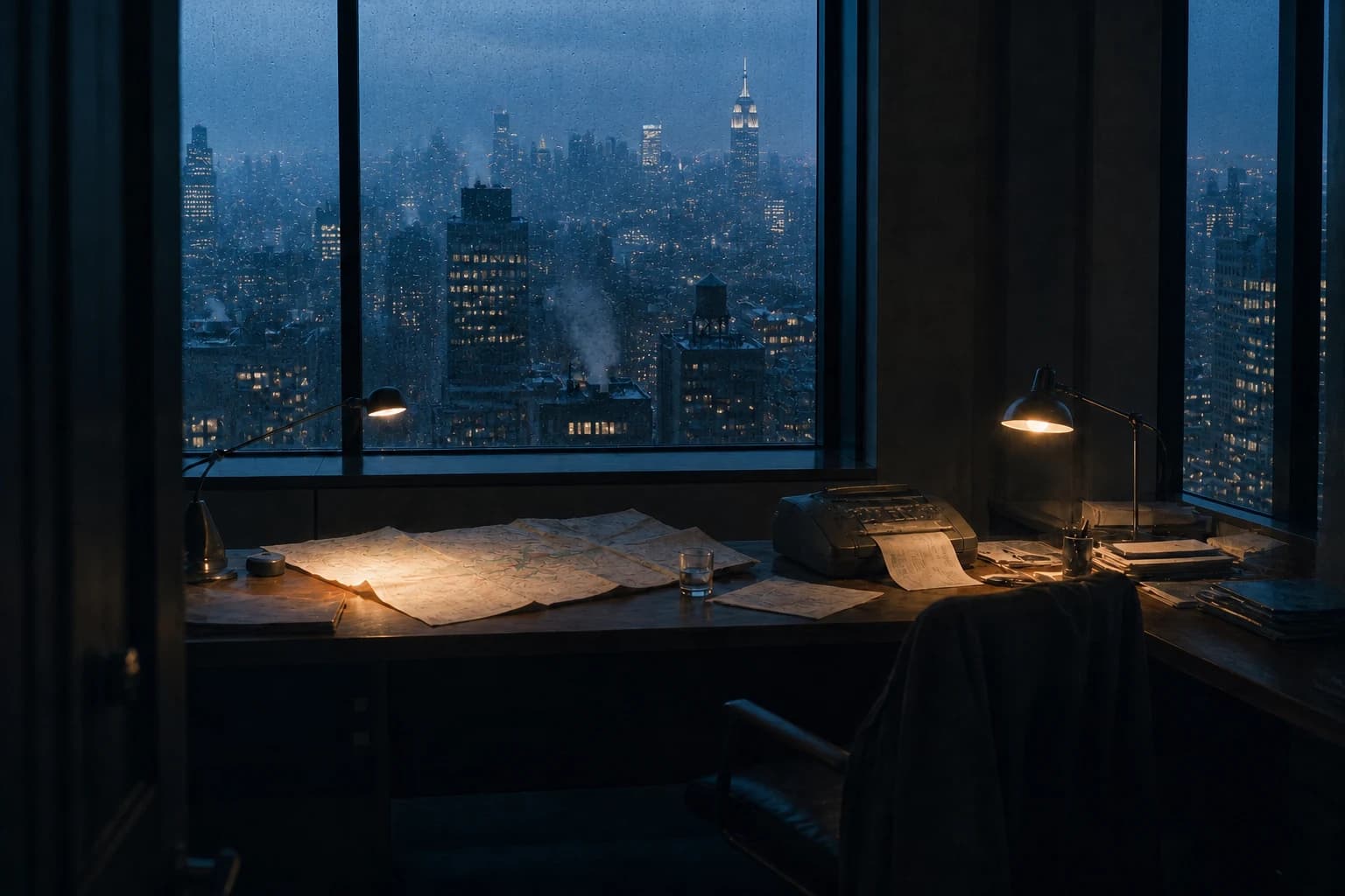 A rain-dark Manhattan workroom with maps, papers, and a fax machine beneath the skyline.