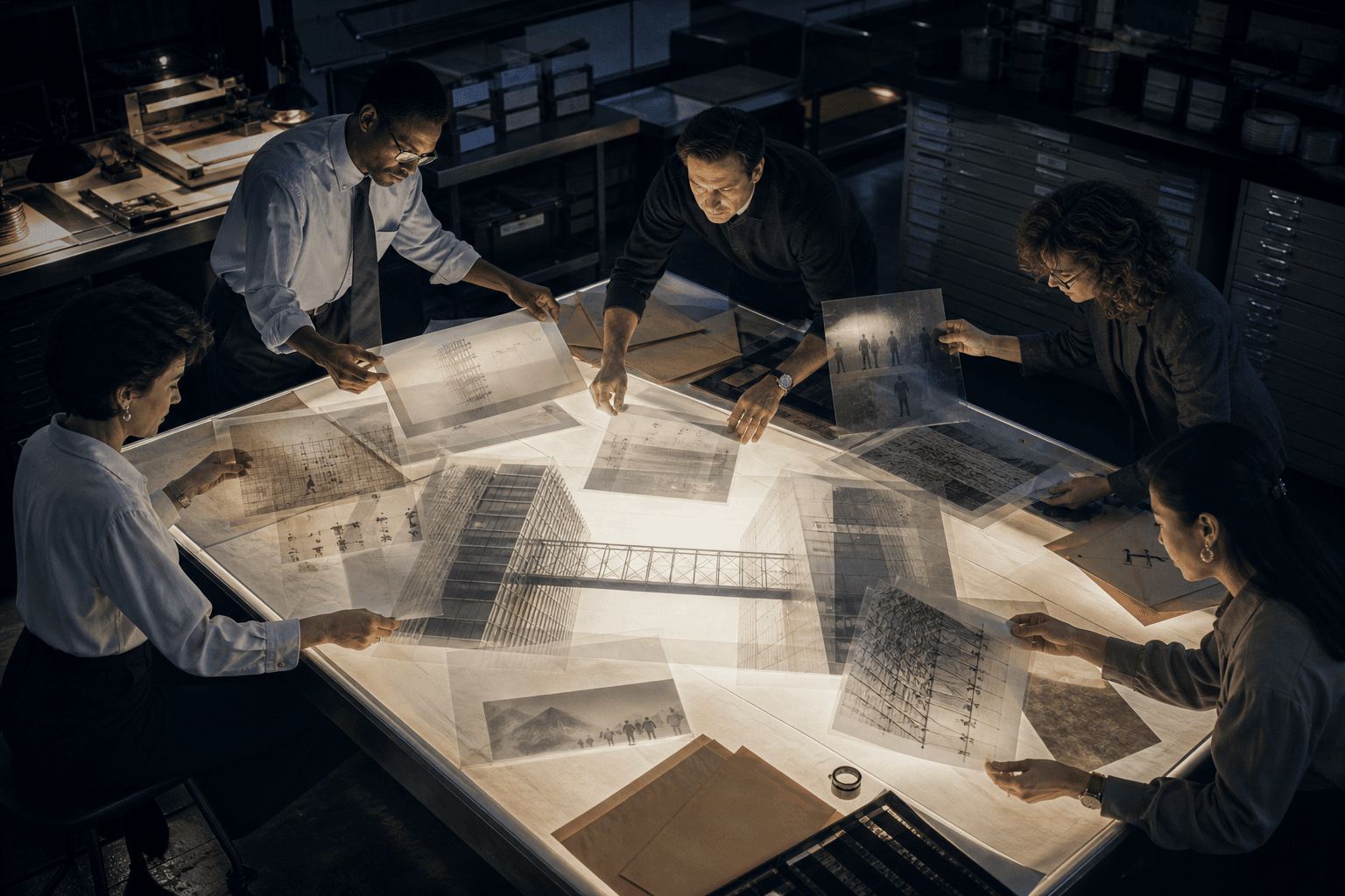 Five colleagues align translucent evidence layers across an illuminated table in a dark review room.