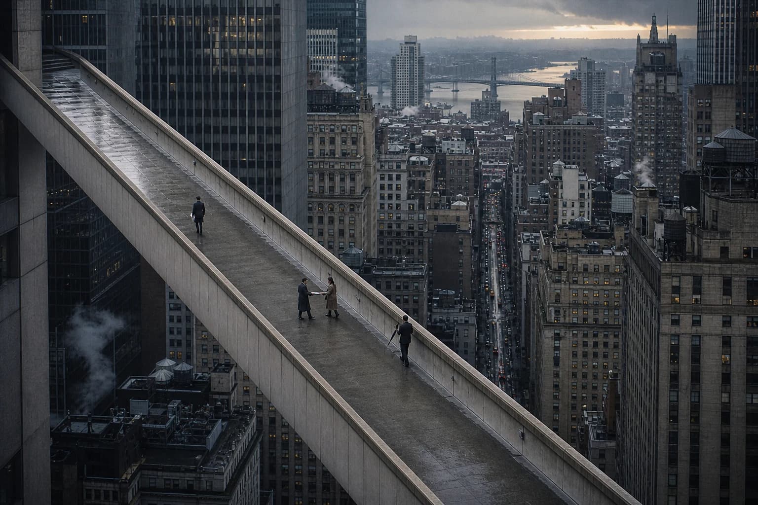 Four professionals crossing a high concrete bridge above a vast Manhattan avenue.