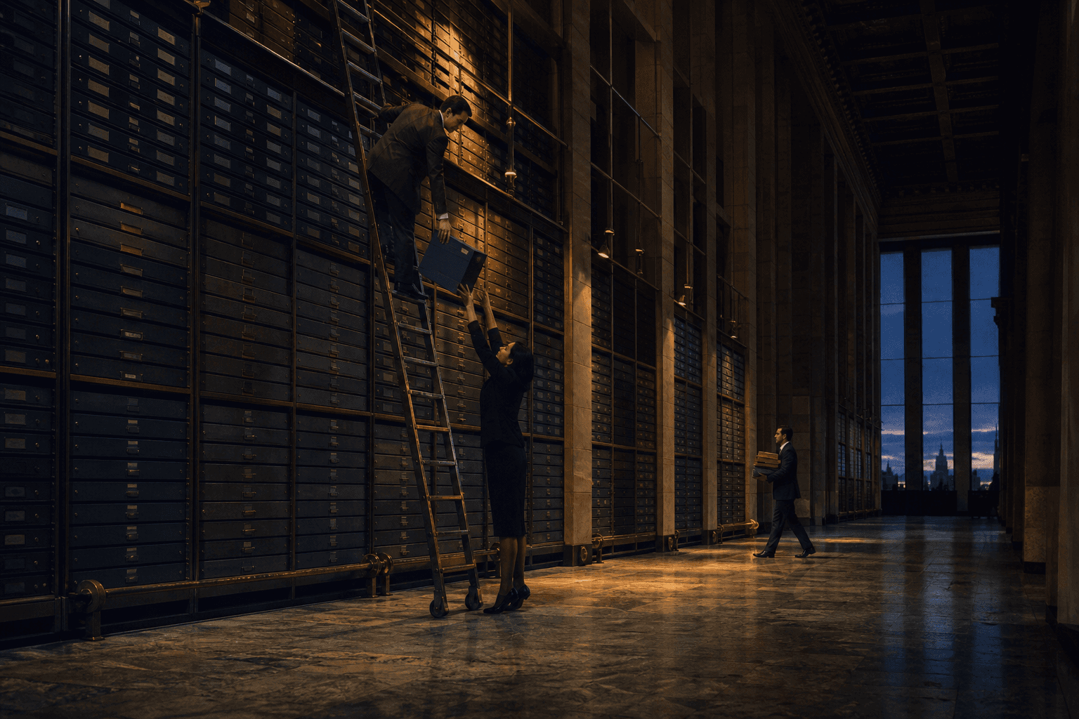 Three colleagues retrieve and transfer records along a monumental archive wall.