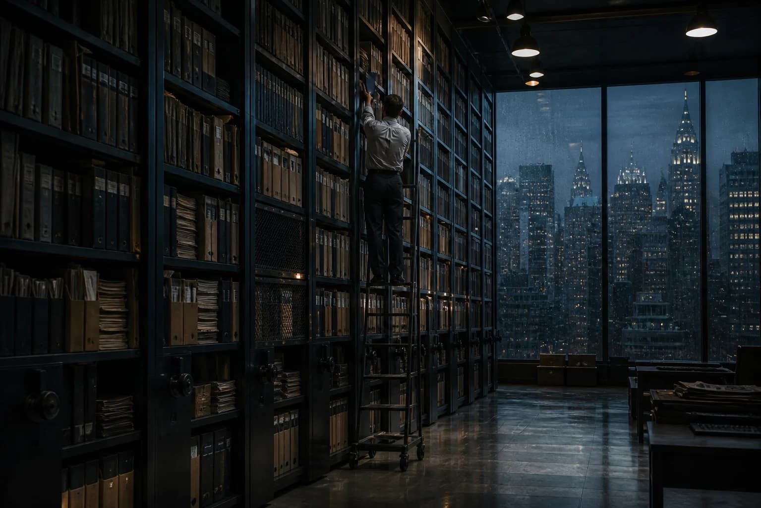 A person returning an account binder to a tall archive above the Manhattan skyline.