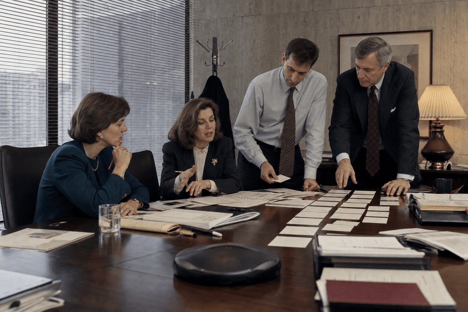 Four colleagues arrange briefing cards and compare materials across a long conference table.