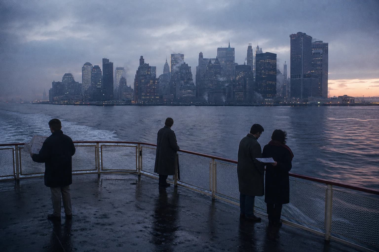 Four colleagues crossing New York Harbor by ferry toward the Manhattan skyline at dawn.