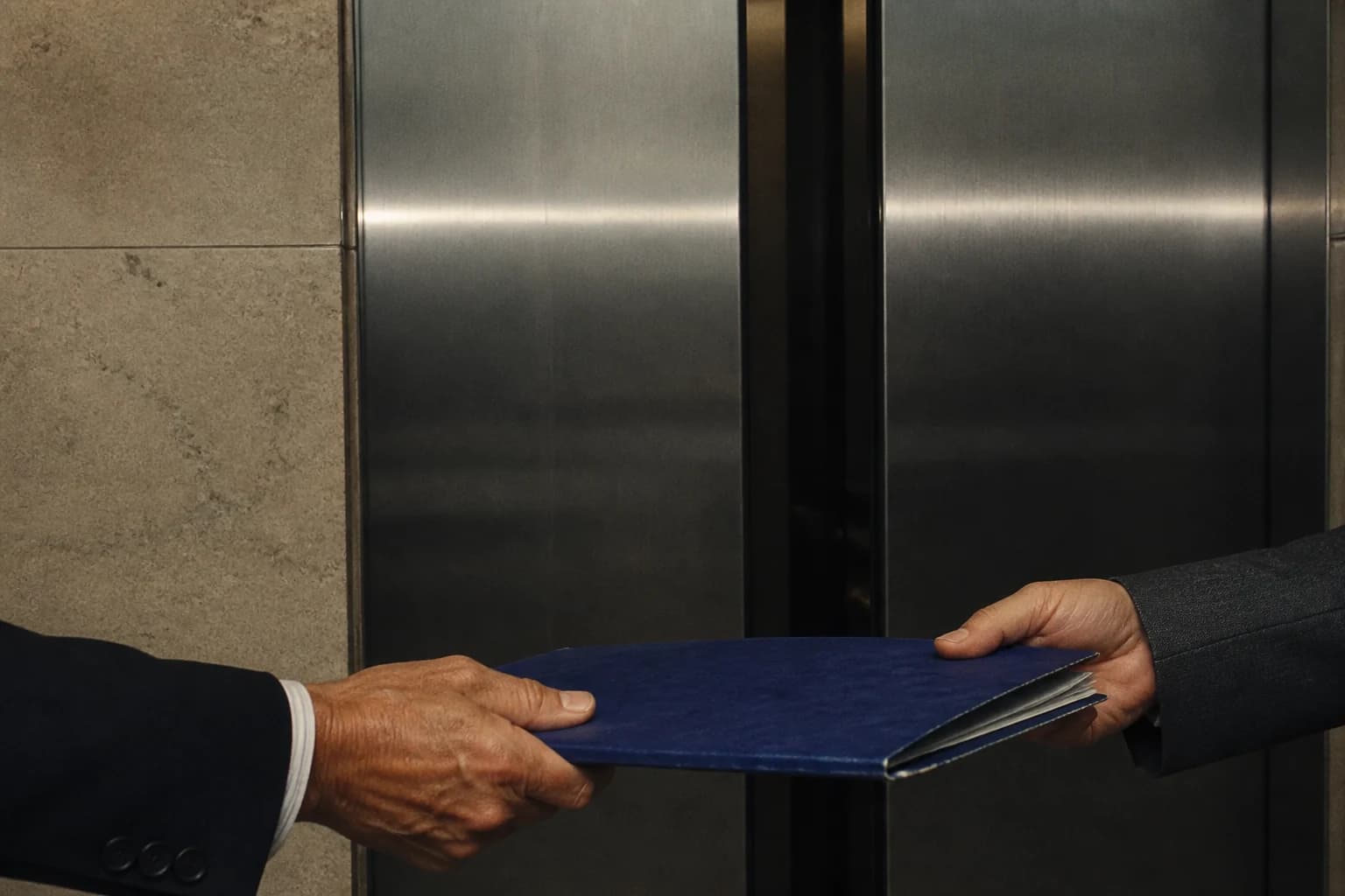 Two people passing a worn blue account folder between closing elevator doors.
