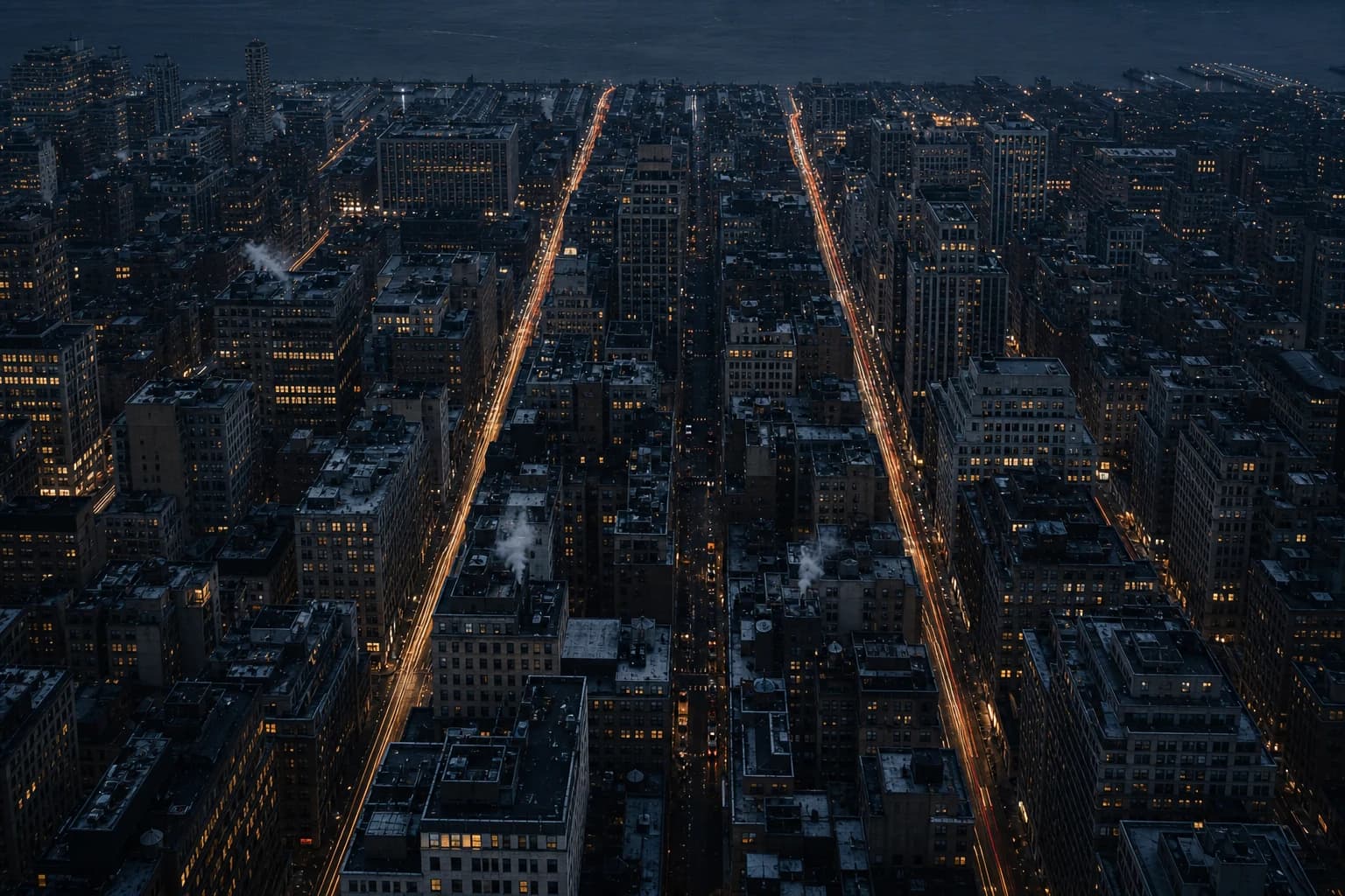 Three illuminated avenues running through a dense blue-black Manhattan city grid.