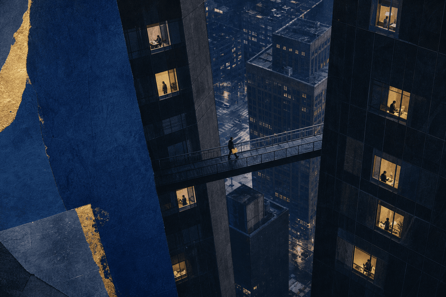 Selected offices glow across a dark city while a courier crosses a high skybridge.