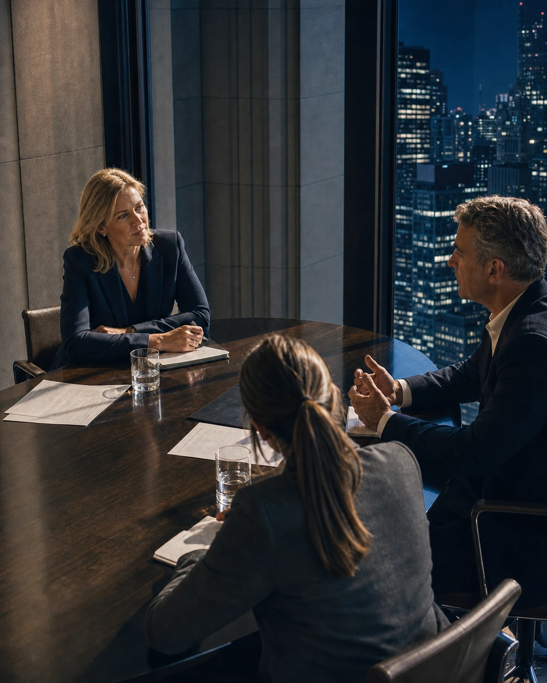 A focused customer meeting above the New York skyline at night.
