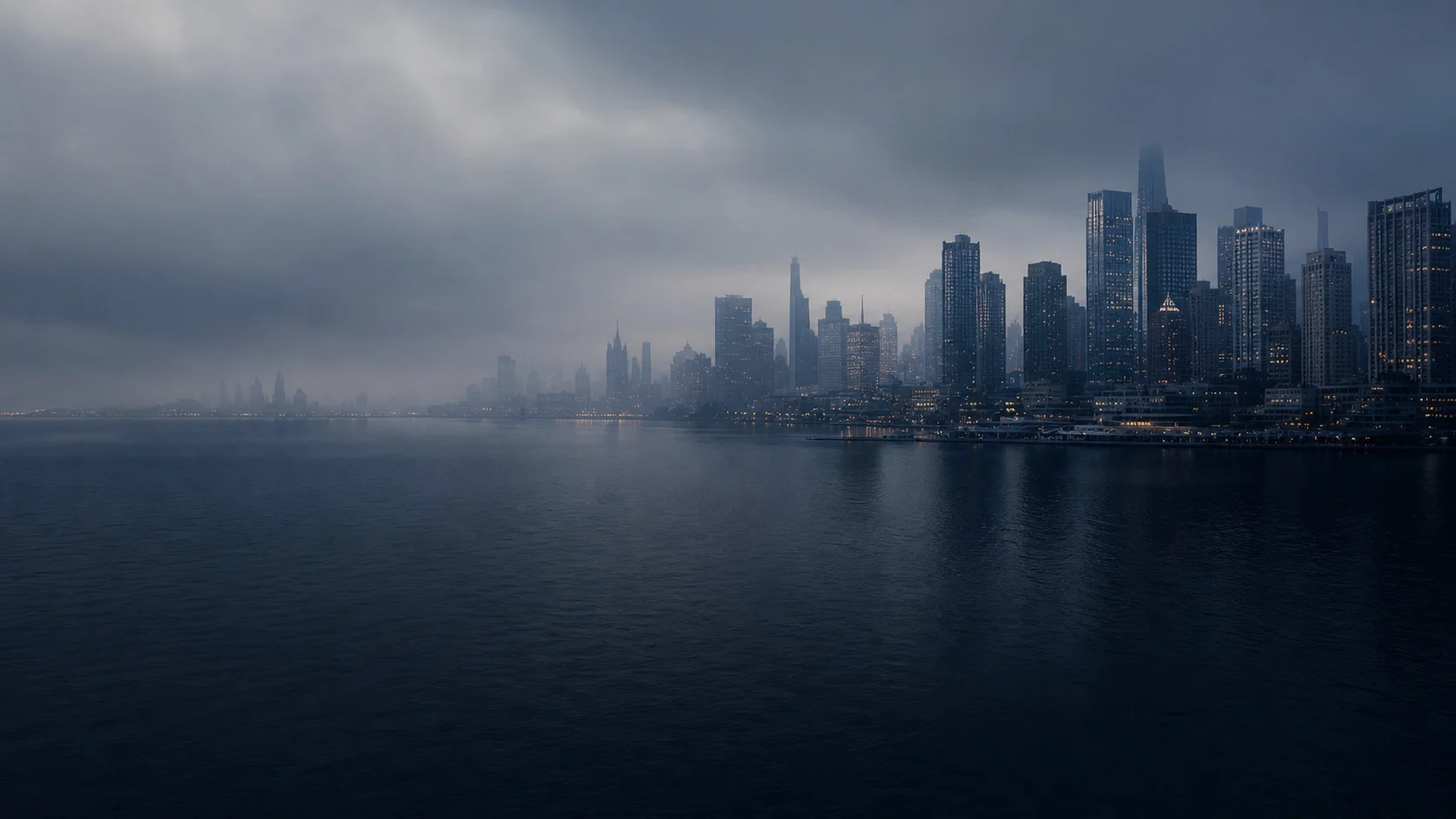 The New York City skyline rising across dark water at blue hour.