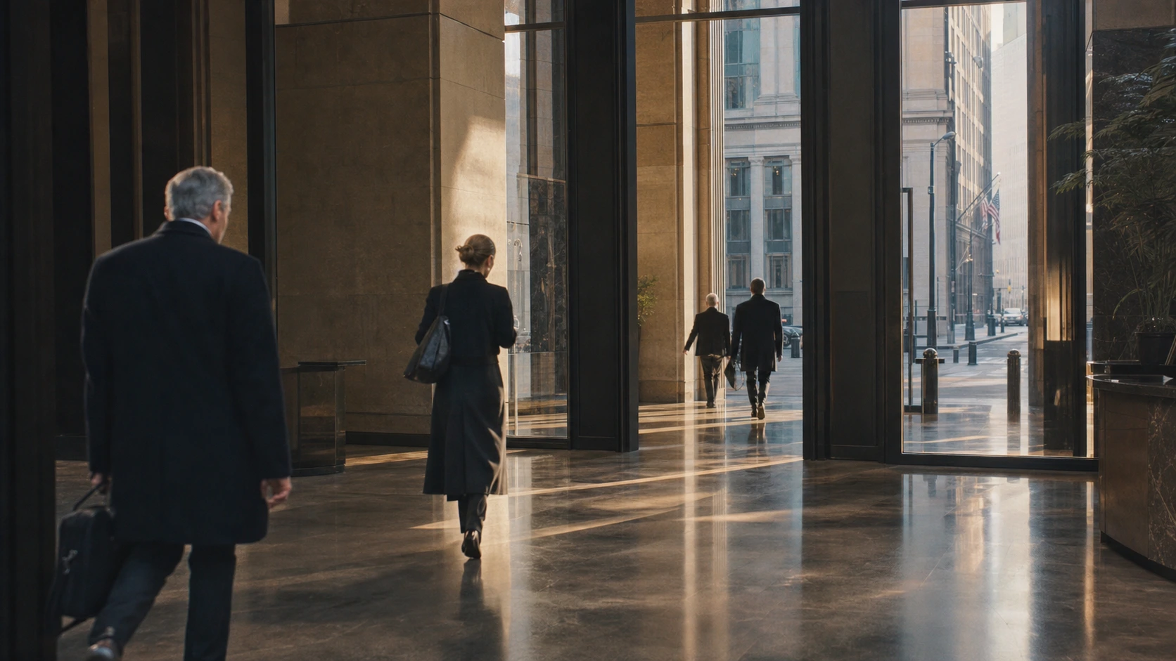 Professionals entering a monumental New York lobby in pale morning light.